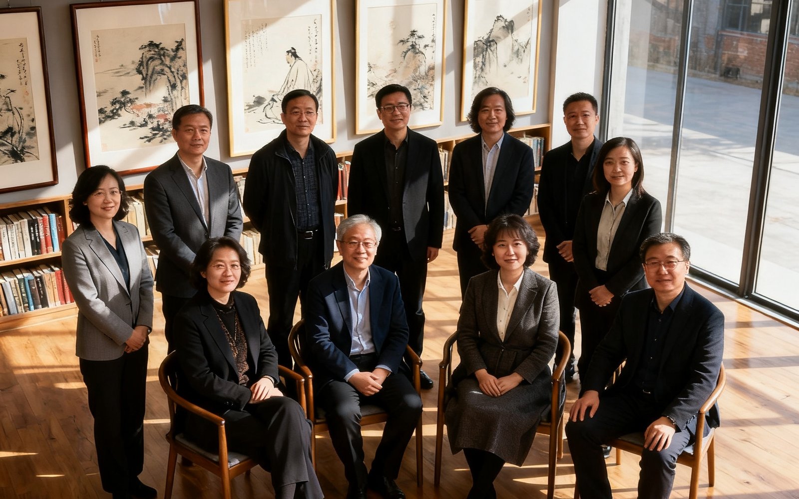 美狮贵宾会北京总部团队合影，十多位艺术品鉴定专家和收藏顾问在798艺术区办公室内，背景是整面墙的艺术书籍和几幅装裱好的中国画，阳光透过落地窗洒在原木色地板上，氛围专业而温暖。
