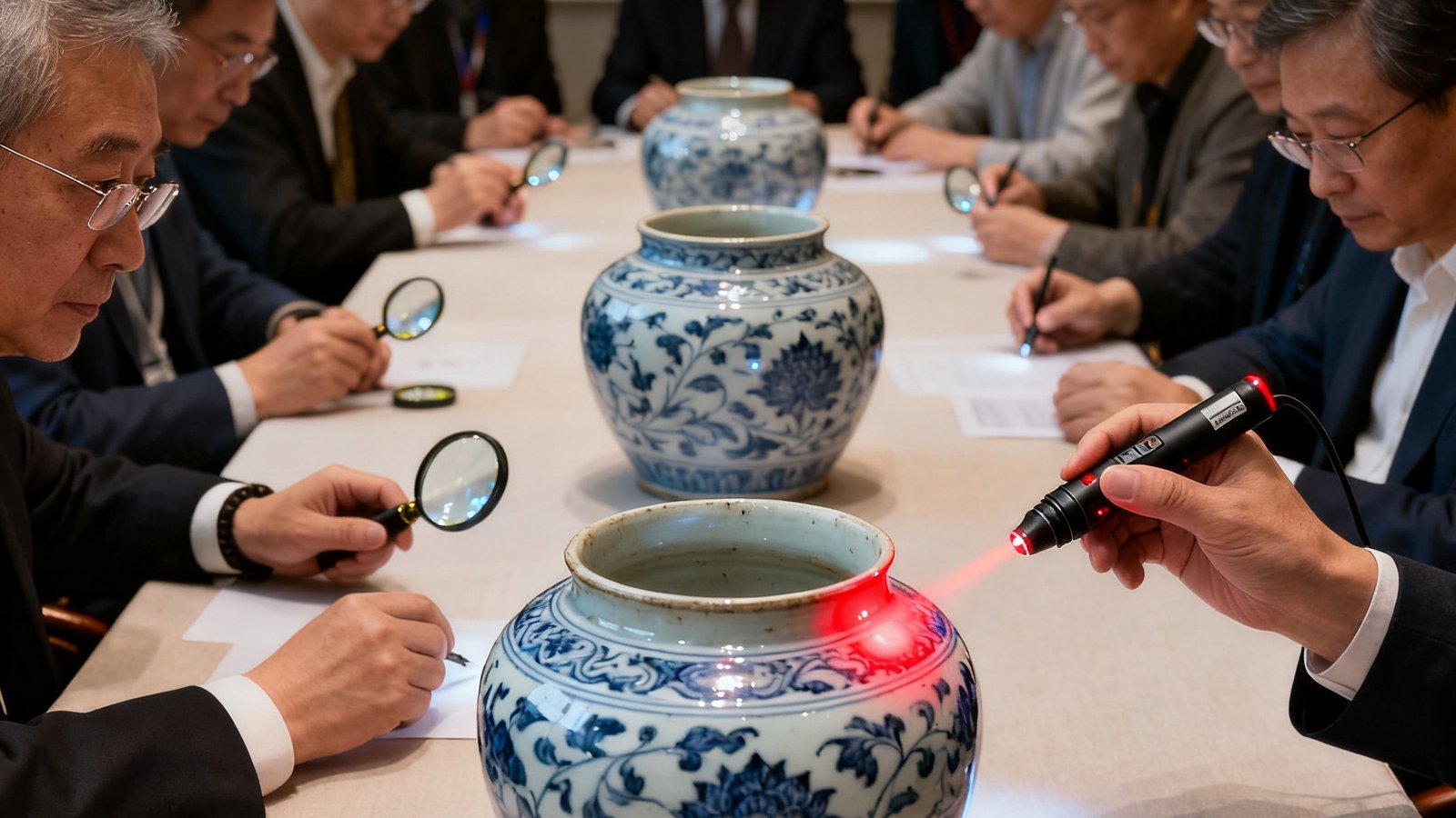 上海私人沙龙现场，十八位藏家围坐在长桌旁，桌上摆放着三件元代青花瓷真品，专家正在用激光笔指出青花发色的关键鉴定特征，藏家们神情专注，有人用放大镜仔细观察。