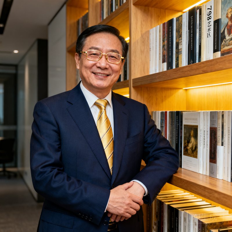 美狮贵宾会创始人李明远先生，五十岁出头，戴着金丝边眼镜，身穿深蓝色西装搭配金色领带，站在798艺术区办公室的书架前，书架上整齐排列着拍卖图录和艺术史专著，他双手交叉，面带温和而坚定的微笑。