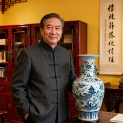 一位年约五十五岁的中国男性收藏家周先生，穿着深灰色中式立领外套，站在他收藏的明代青花瓷瓶旁，神情从容自信，背景是中式书房的红木家具和书法条幅。
